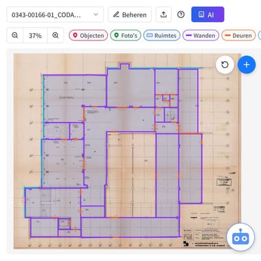 Plattegrond waarop wanden, deuren en ramen met AI zijn ingetekend