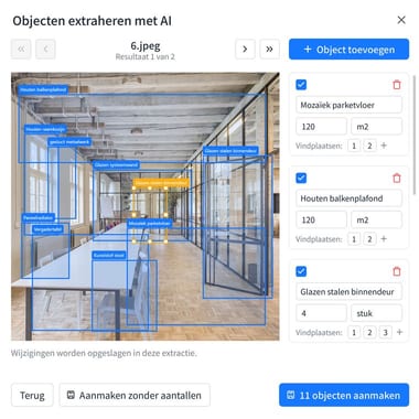 Objecten die met AI zijn herkend in een foto van een kantoorruimte
